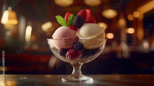 A gourmet ice cream dessert with three colorful scoops placed in an elegant glass bowl.