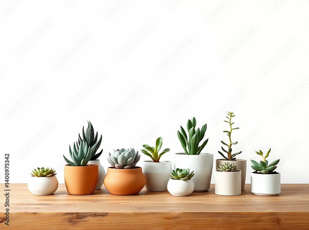 Fototapeta premium Small potted succulents creatively arranged on white wood with vibrant green textures and tones