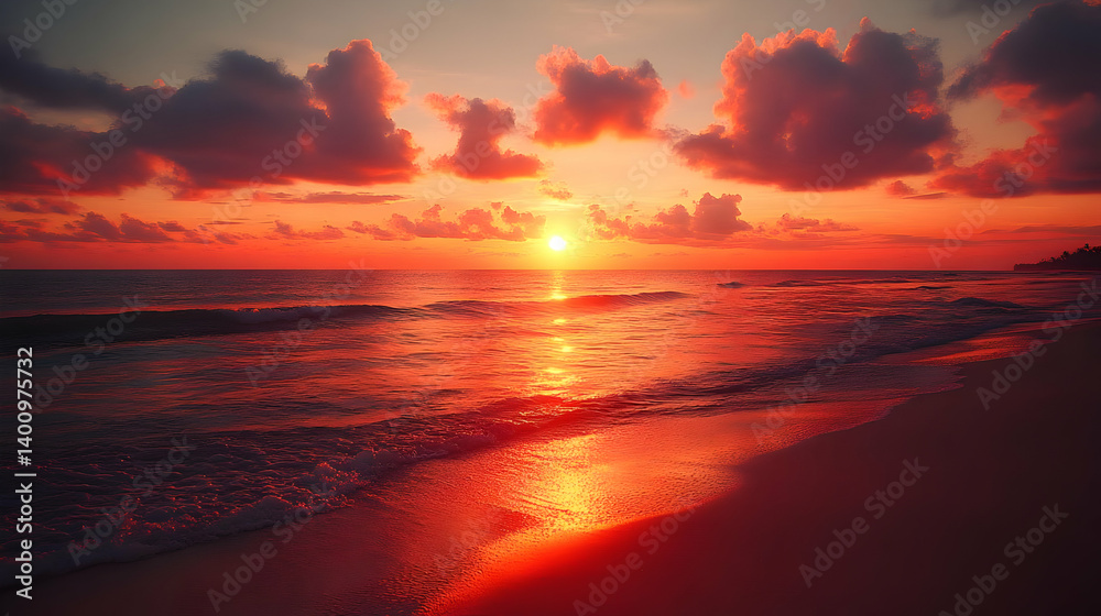 Vibrant Red Sunset Over Calm Ocean with Dramatic Cloudscape and Reflective Waves on Sandy Beach
