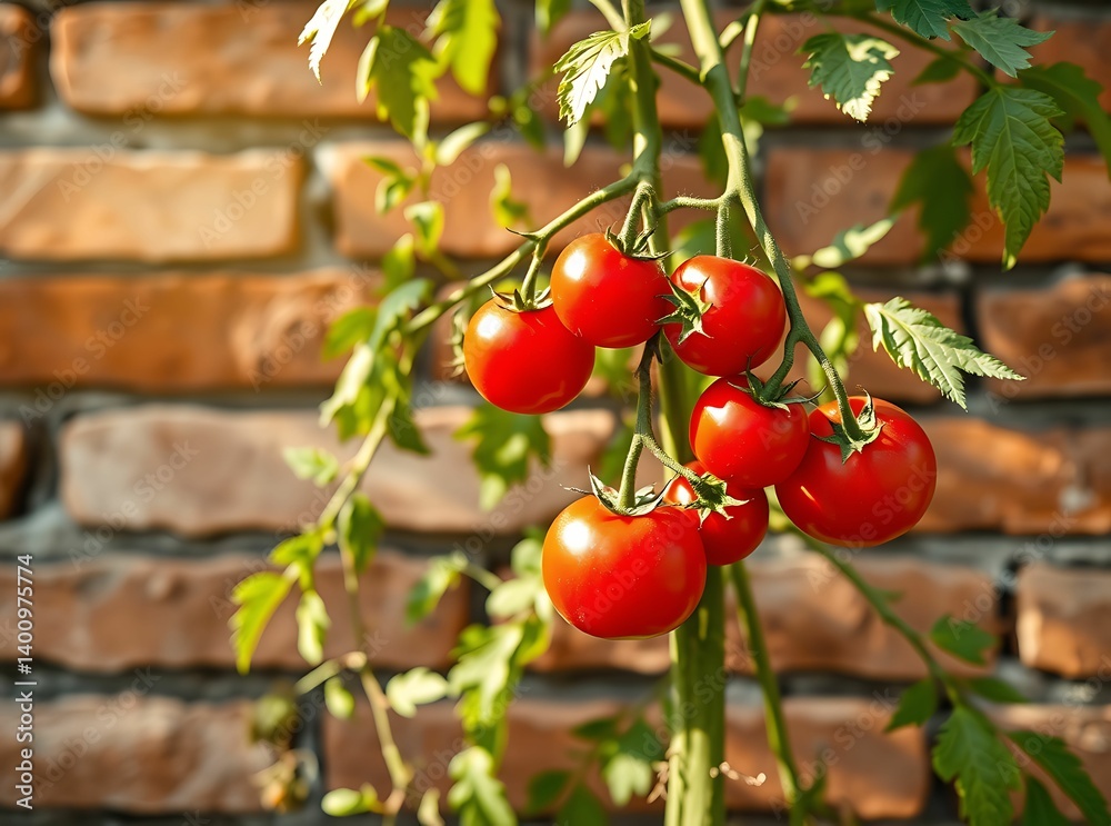 Ripe Red Cherry Tomatoes on Vine Against Brick Wall Background Ripe Red Cherry Tomatoes on Vine Against Brick Wall Background