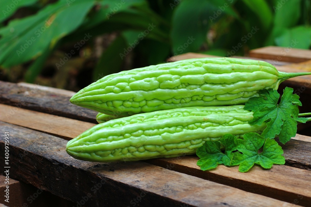 fresh bitter melon on a wooden surface with blur green leaves background