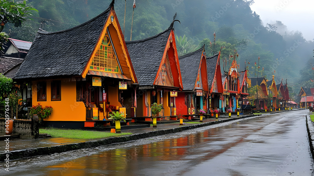 Vibrant Row of Traditional Architecture in a Tropical Village Under Overcast Sky Featuring Colorful Facades Ornate Roofs with Rainy Street