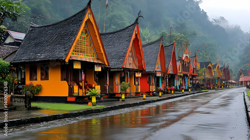 Vibrant Row of Traditional Architecture in a Tropical Village Under Overcast Sky Featuring Colorful Facades Ornate Roofs with Rainy Street