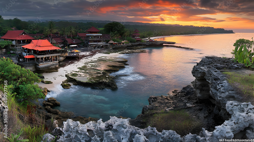 Vibrant Seascape at Sunset Featuring Coastal Rocks and Lush Tropical Vegetation Under Colorful Sky in Idyllic Island Setting
