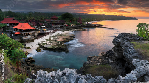 Obraz na płótnie Vibrant Seascape at Sunset Featuring Coastal Rocks and Lush Tropical Vegetation Under Colorful Sky in Idyllic Island Setting w salonie