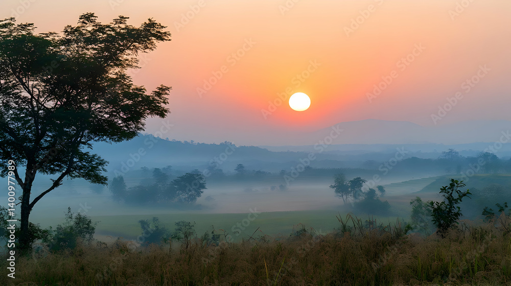 Vibrant Sunrise Over Misty Green Field With Distant Hills and Silhouette Trees in Rural Landscape