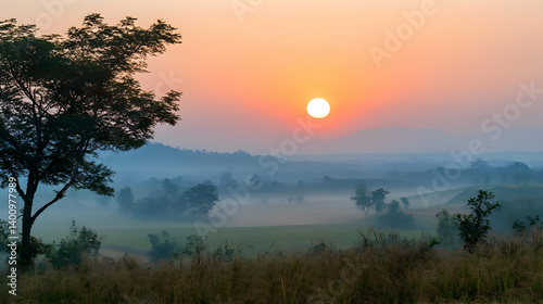 Obraz na płótnie Vibrant Sunrise Over Misty Green Field With Distant Hills and Silhouette Trees in Rural Landscape w salonie