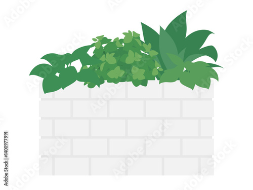 白いレンガの模様のプランターに植えた小さい観葉植物のイラスト