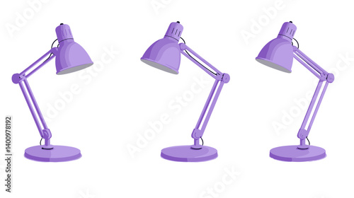 Three Purple Adjustable Desk Lamps on White Background
