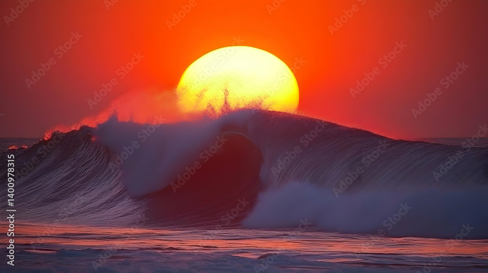Vibrant Sunset Over a Breaking Ocean Wave with a Dramatic Red Sky and Golden Sun