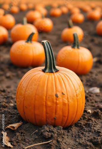 Isolated orange pumpkin in the field, harvesting pumpkins