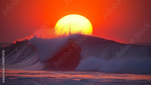 Obraz na płótnie Vibrant Sunset Over a Breaking Ocean Wave with a Dramatic Red Sky and Golden Sun w salonie