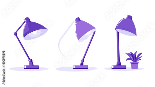 Three Purple Pixel Art Desk Lamps with Plant
