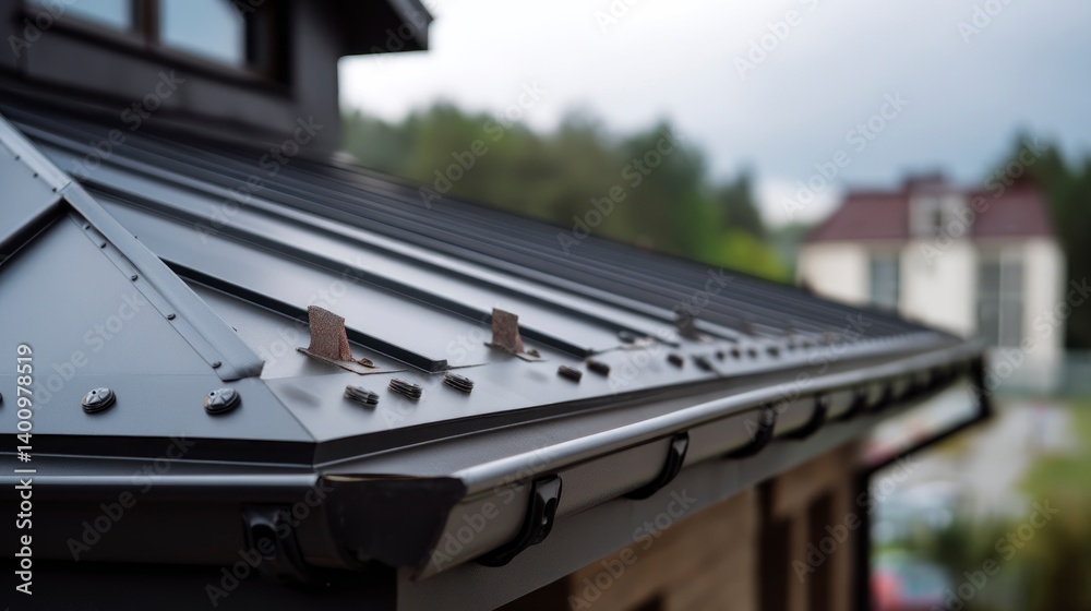 Obraz premium Examining a Dark Metal Roof and Gutter System of a House