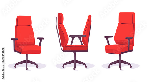 Three Red Swivel Office Chairs in Different Positions
