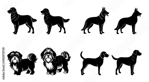 Popular Dog Breeds Vector Silhouette Bundle – Pet Animal Illustration Featuring Purebred Dogs. Black Dog Icon for Dog Lovers. Domestic Animal Clipart. German Shepherd, Shih Tzu Silhouette, Cute Breeds