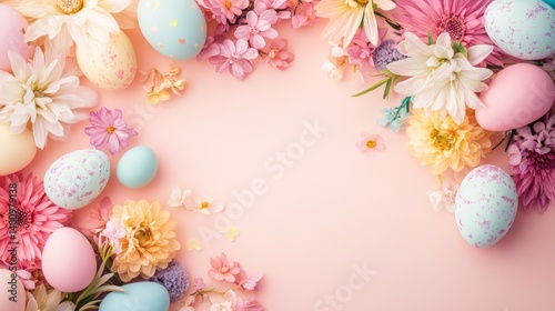 easter eggs festive decorations. Easter Eggs and Floral Arrangement on Pink Backdrop for Spring Celebration and Festive Decor.