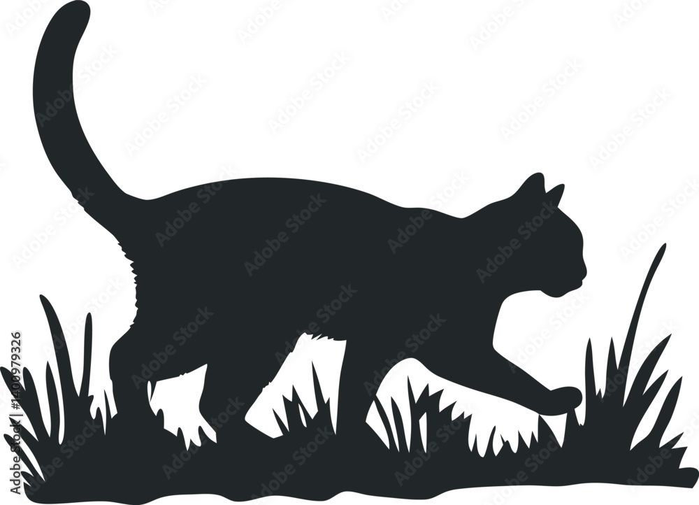 Obraz premium Silhouette Of A Cat Walking In The Grass Vector Illustration Simple Feline Design Pet Graphics Minimalist Art Domestic Animal