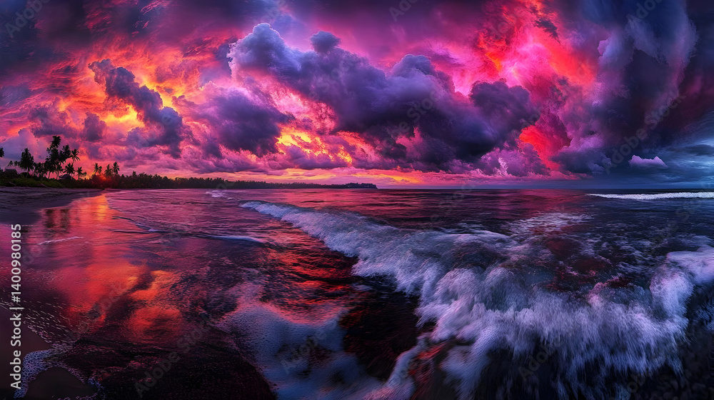 Vibrant Sunset Over Ocean Waves Reflecting Colorful Sky with Dramatic Clouds and Tropical Silhouette in a Seascape Panorama