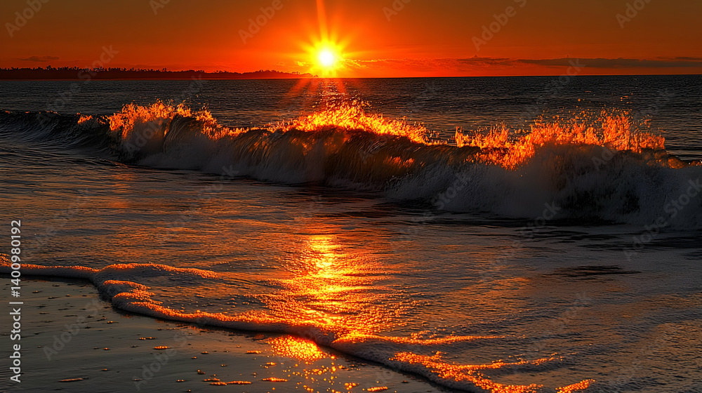Vibrant Sunset Over Ocean Waves Creating Sparkling Reflections on Sandy Beach with Coastal Skyline in the Background