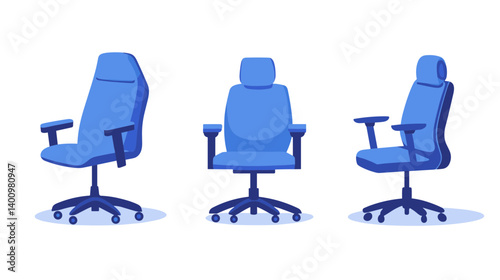 Three Views of a Blue Office Chair Pixel Art Illustration