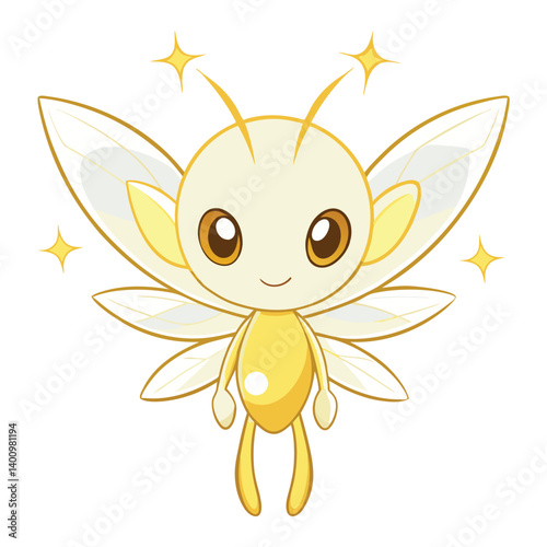 Cute Cartoon Firefly Fairy with Glowing Wings Adorable Magical Insect Character with Sparkles, Bright Yellow Fantasy Creature Illustration