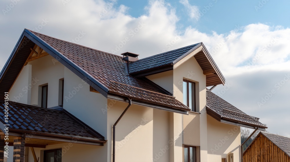 Modern House Exterior with Brown Roof Against Cloudy Sky Background Modern House Exterior with Brown Roof Against Cloudy Sky Background