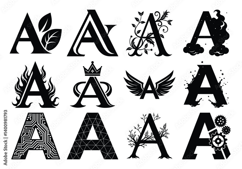 Different letter A designs show creative styles with nature flames wings technology and geometric shapes in bold black silhouettes