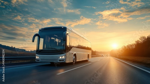 Bus traveling on the asphalt road along the green fields and alleys in the countryside