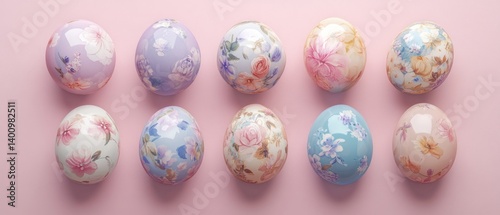 easter eggs festive decorations. Floral Easter Eggs in Pastel Shades on a Pale Pink Background for Springtime Celebrations and Joyful Decor.