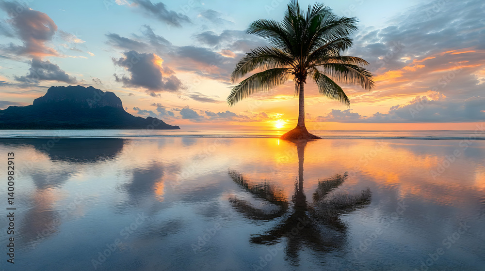 Vibrant Sunset Reflecting on Ocean Water with a Single Palm Tree in Focus and Distant Mountain Island Landscape