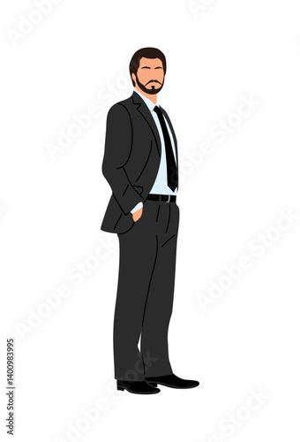 Businessman  in formal suit standing side view. Vector flat illustration isolated on transparent background