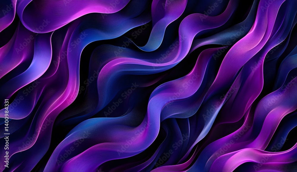 Obraz premium Purple and blue abstract, wavy shapes on a black background, 3D render, a beautiful composition, elegant and flowing