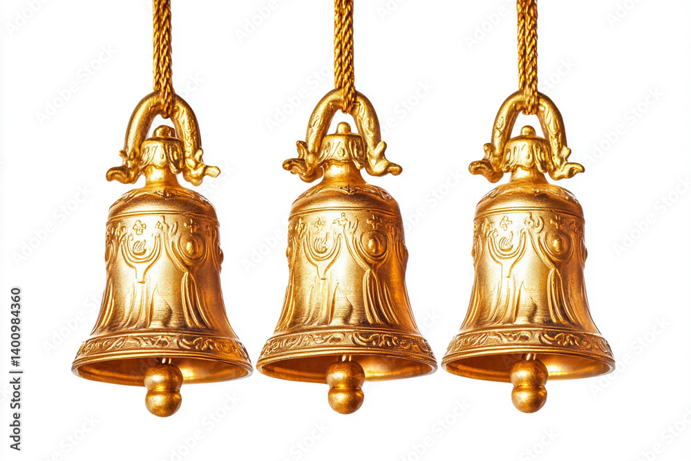 Three ornate golden bells hanging elegantly against a bright white background, their rich metallic sheen and intricate detailing hinting at a celebratory or auspicious occasion. Three ornate golden bells hanging elegantly against a bright white background, their rich metallic sheen and intricate detailing hinting at a celebratory or auspicious occasion.