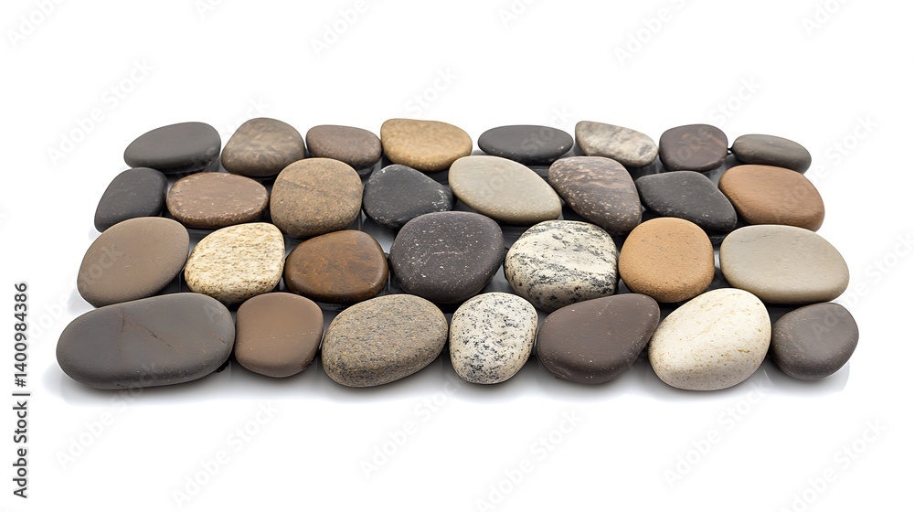 Closeup of Polished Beach Pebbles on White Background Showing Texture and Patterns Closeup of Polished Beach Pebbles on White Background Showing Texture and Patterns