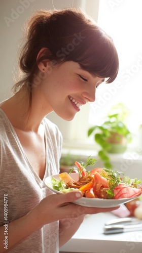 Mindful eating at home,Healthy eating lifestyle with happy woman holding healthy meal, showing healthy eating lifestyle in a bright kitchen, ideal for promoting healthy eating lifestyle concept