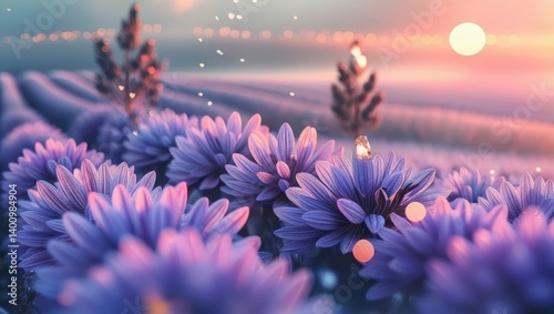 Dreamy Lavender Field At Dawn With Soft Mist And Golden Glow, Capturing A Serene Morning Landscape With Gentle Light, Rolling Rows Of Lavender, And A Peaceful Atmosphere.