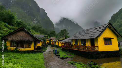 Vibrant Yellow Huts Nestled in a Lush Green Mountain Valley Under a Moody Sky in Tropical Village
