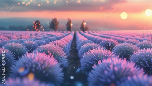 Dreamy Lavender Field At Dawn With Soft Mist And Golden Glow, Capturing A Serene Morning Landscape With Gentle Light, Rolling Rows Of Lavender, And A Peaceful Atmosphere.