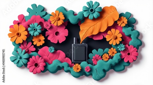 Vibrant Floral Composition Featuring a Perfume Bottle Amidst Lively Colorful Flowers and Leaves