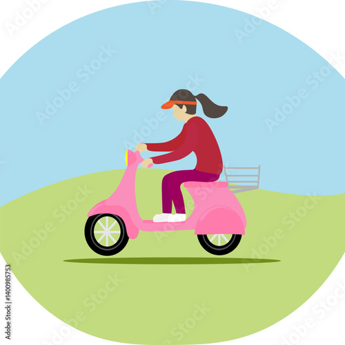 A courier girl on a pink scooter. Vector illustration of a food delivery courier