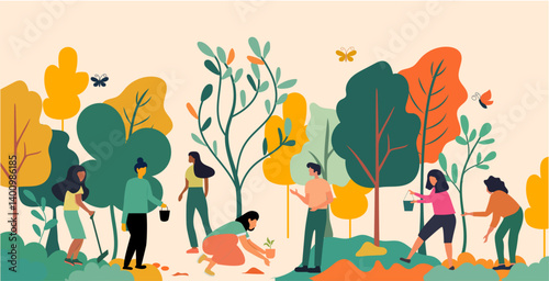 group of people planting trees together forest concept community environment sustainability teamwork diverse clipart