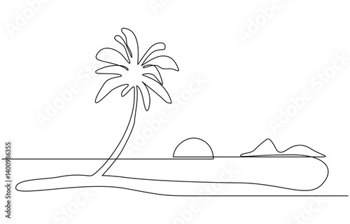 Seascape drawing with one single continuous line. landscape, One line drawing tropical oasis island, paradise concept. Abstract sunset, mountains, coconut palm tree landscape continuous art.