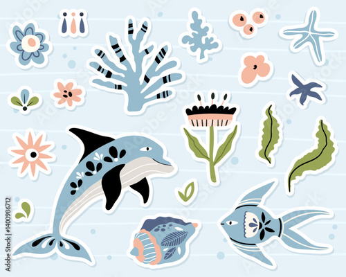 Folk hygge ocean clip arts, hand drawn vector set in Scandinavian Nordic style, isolated on white. Collection of classic ethnic elements. The scandi folk motifs - fishes, flowers, and sea animals
