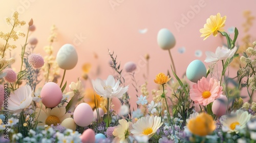 easter eggs festive decorations. Springtime Pastel Eggs Floral Meadow Easter Season Celebration Whimsical Garden Delight Fantasy Dreamscape.