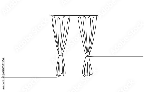 Continuous line vector illustration of curtain curtain, One continuous line drawing of window with curtains. Concept of living room interioa with drape cloth in simple linear style. Editable stroke.