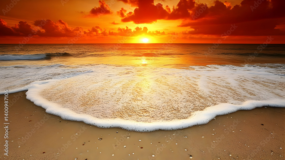 Vivid Orange Sunset Over Ocean Waves Crashing on Sandy Beach Under Cloudy Sky During Twilight Hour