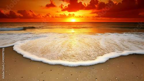 Obraz na płótnie Vivid Orange Sunset Over Ocean Waves Crashing on Sandy Beach Under Cloudy Sky During Twilight Hour w salonie