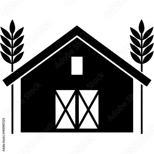 Minimal flat design of a barn with wheat stalks crossing behind it silhouette 