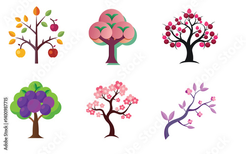 Vector Illustration of a Plum Tree with Blossoms and Ripe Fruits – Seasonal Botanical Design